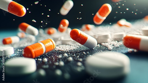 High Resolution Stock Photo of Colorful Pills and Capsules Surrounded by White Granules Set Against a Dark Background Perfect for Health and Medical Themes