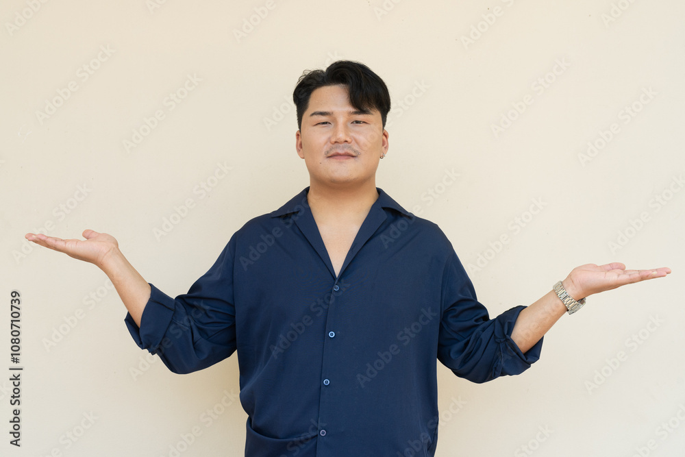Portrait of Handsome Young Asian Man Against Plain Background