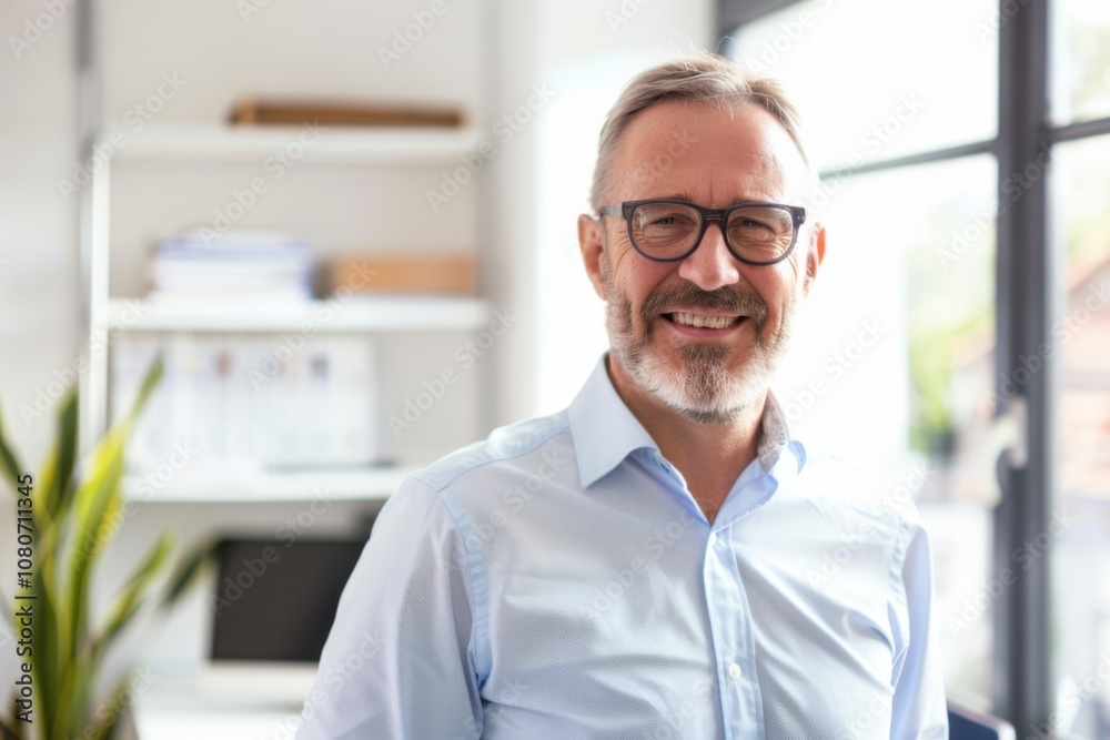 A happy and confident middle aged business executive stands in a bright office sporting glasses and a genuine smile. He exudes professionalism and warmth.