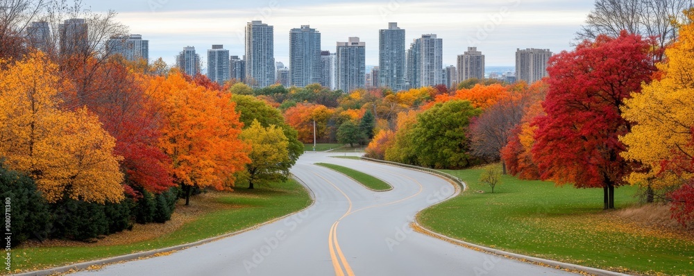 Obraz premium Wide road with trees, yellow leaves, and tall buildings in background