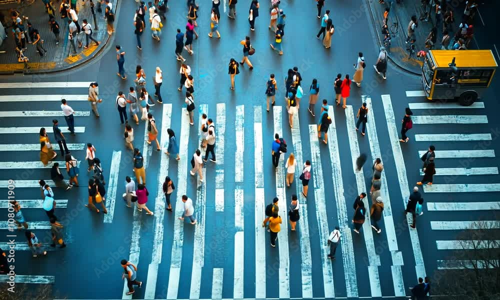 Aerial View of Pedestrians Crossing a Busy Street