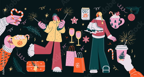 Festive Christmas and Winter Holiday Vector Illustration with Characters and Elements: Candy Canes, Hot Chocolate, Sparklers, Ice Skates, Shopping Bags, and Gifts in Retro Style