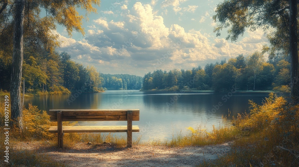 Obraz premium Serene lakeside view with a wooden bench and tranquil water.