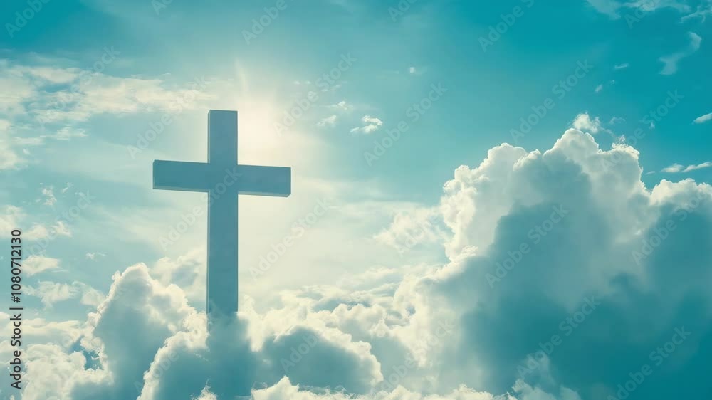 Christian cross in heaven background. Blue sky with white clouds and sunlight. Christianity and faith concept. Religious worship and religion. Church and pray