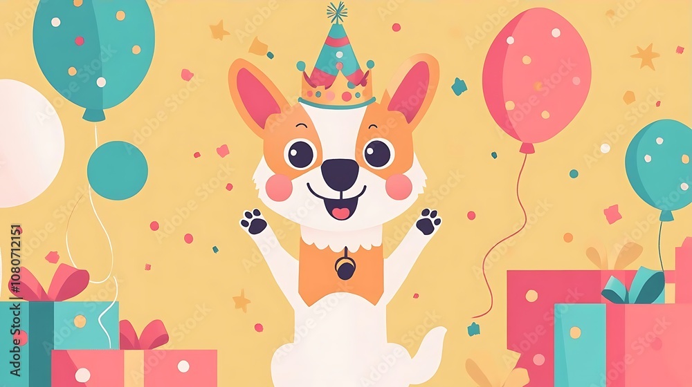 Happy Birthday Dog with Balloons and Gifts