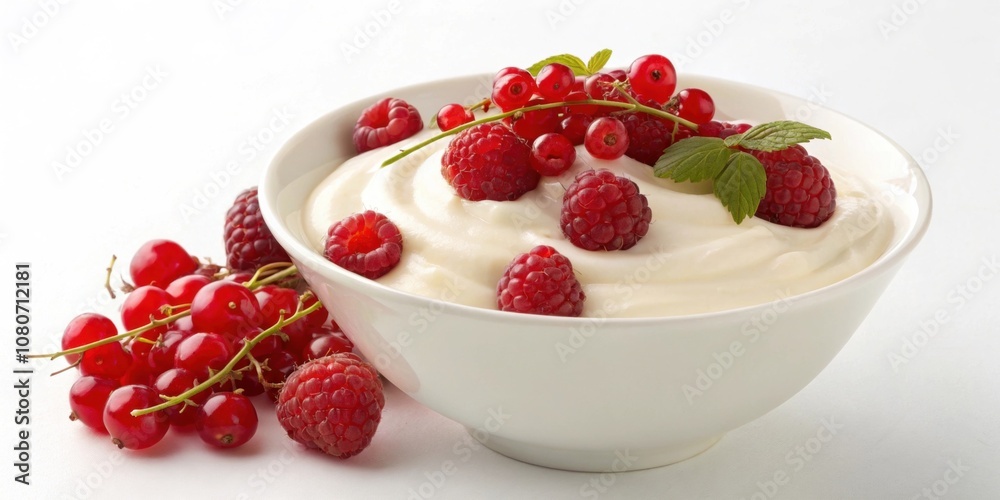 A creamy bowl of Greek yogurt topped with bright red berries the smooth texture of the yogurt contrasting with the plump juicy fruits creating a vibrant and appetizing display. A creamy bowl of Greek yogurt topped with bright red berries the smooth texture of the yogurt contrasting with the plump juicy fruits creating a vibrant and appetizing display.