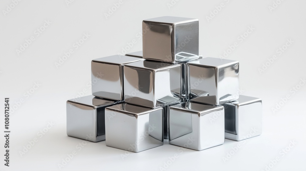 A group of shiny metallic cubes arranged in a pyramid on a white background. A group of shiny metallic cubes arranged in a pyramid on a white background.