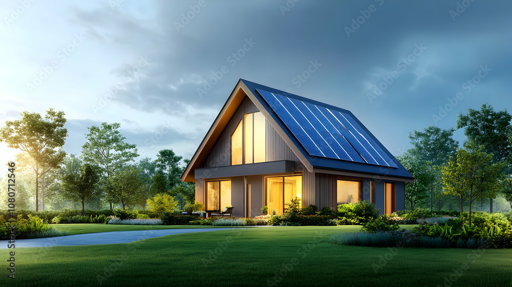 A modern, eco-friendly passive house with a photovoltaic system on the roof and landscaped yard. Solar panels on the gable roof,