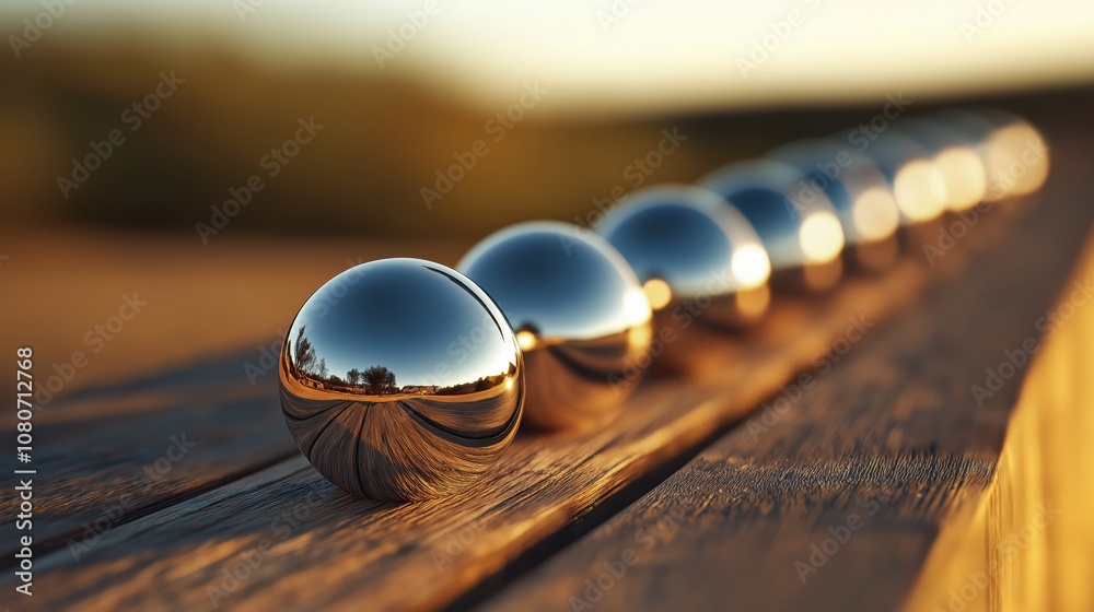 A row of shiny metallic spheres reflecting the sunset on a wooden surface. A row of shiny metallic spheres reflecting the sunset on a wooden surface.