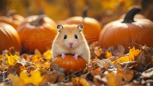 A tiny hamster sits on a pumpkin amidst a patch filled with vibrant autumn leaves, capturing the playful spirit of fall in a charming outdoor scene. photo