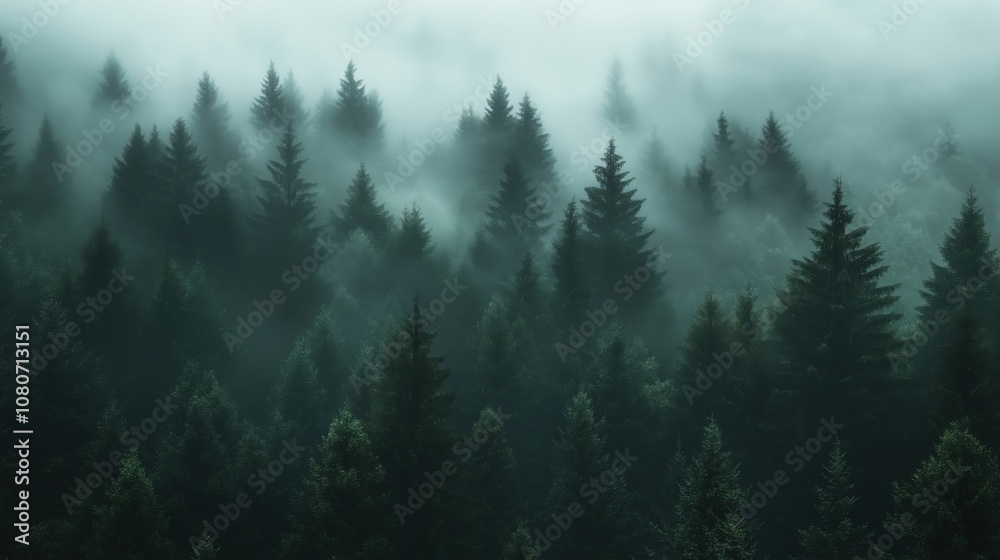 A dense forest shrouded in mist with tall evergreen trees. A dense forest shrouded in mist with tall evergreen trees.