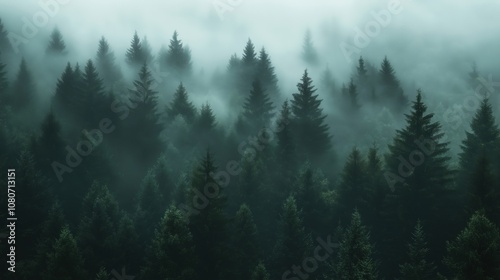 A dense forest shrouded in mist with tall evergreen trees.