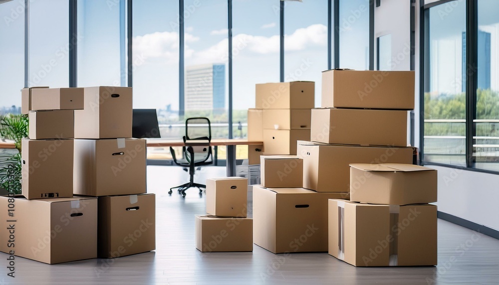 Fototapeta premium Boxes in new open space office, relocation