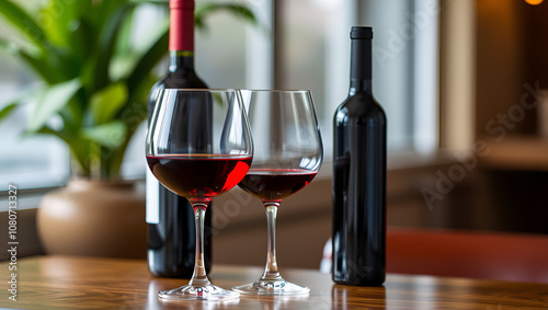 a glass of wine and a bottle of red wine on a table photo