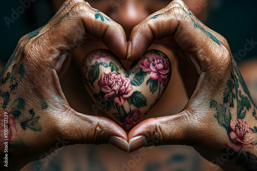 Hände formen Herz mit floralen Tattoos und Blumenherz photo