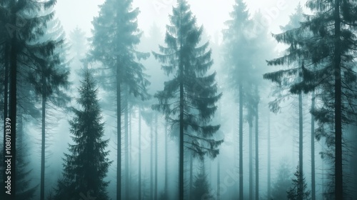 Wallpaper Mural A serene view of tall pine trees shrouded in mist, creating a tranquil atmosphere. Torontodigital.ca