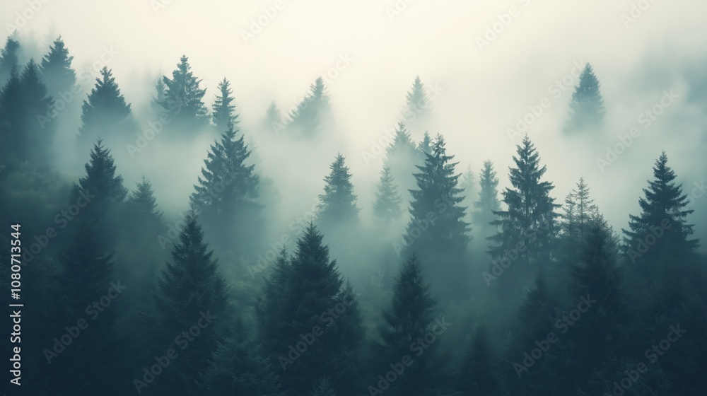 A serene view of a dense forest shrouded in mist and fog. A serene view of a dense forest shrouded in mist and fog.