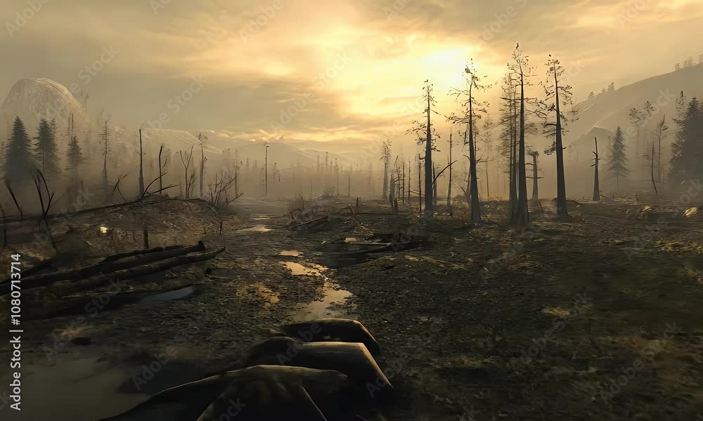 A desolate forest landscape with dead trees and a stream running through it.  The sky is overcast with a golden glow.