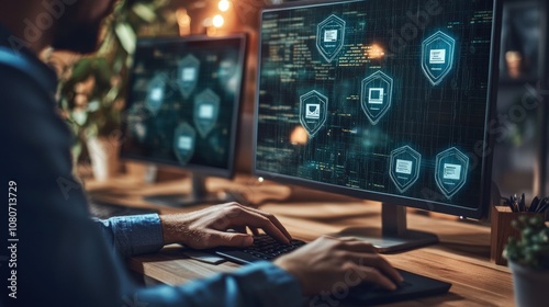 Person working on cybersecurity with multiple monitors displaying encrypted data. photo