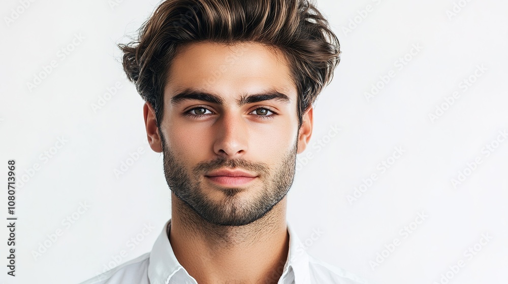 Young confident man with stylish hair and a serious expression in a bright studio against a light background, ideal for lifestyle and fashion themes.