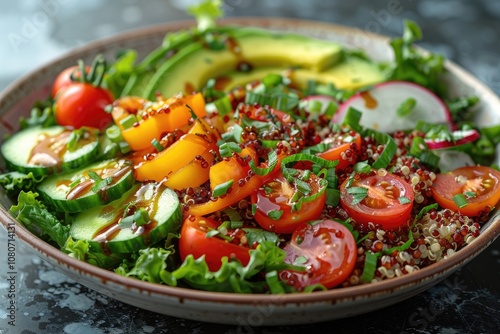 A Colorful Salad with Quinoa, Tomatoes, Cucumber, Avocado, and Bell Peppers