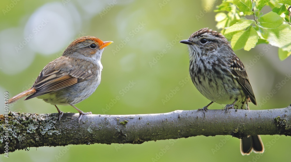 Two birds perched on a branch, serene wildlife encounter in nature's embrace two Two birds perched on a branch, serene wildlife encounter in nature's embrace two