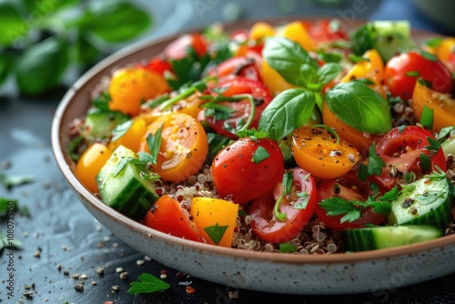 Close-up of a Salad with Cherry Tomatoes, Cucumbers, and Quinoa