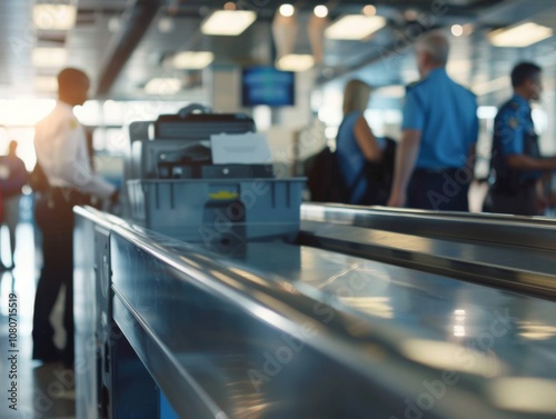 Two airport security officers are questioning a traveler at the check in counter while luggage and screening equipment are visible in the background captured in ambient light.