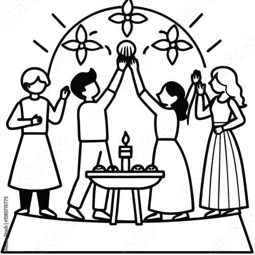 Family Celebrating at Altar silhouette vector illustration on White Background.