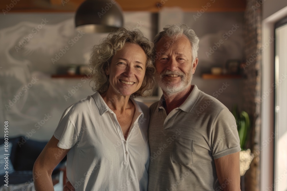 Portrait of a blissful couple in their 50s wearing a sporty polo shirt in modern minimalist interior Portrait of a blissful couple in their 50s wearing a sporty polo shirt in modern minimalist interior