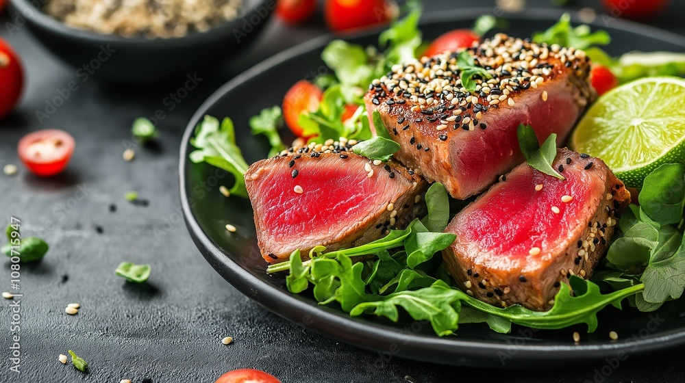 Spicy tuna salad served with seaweed salad, steak in sesame, Spicy tuna salad served with seaweed salad, steak in sesame,