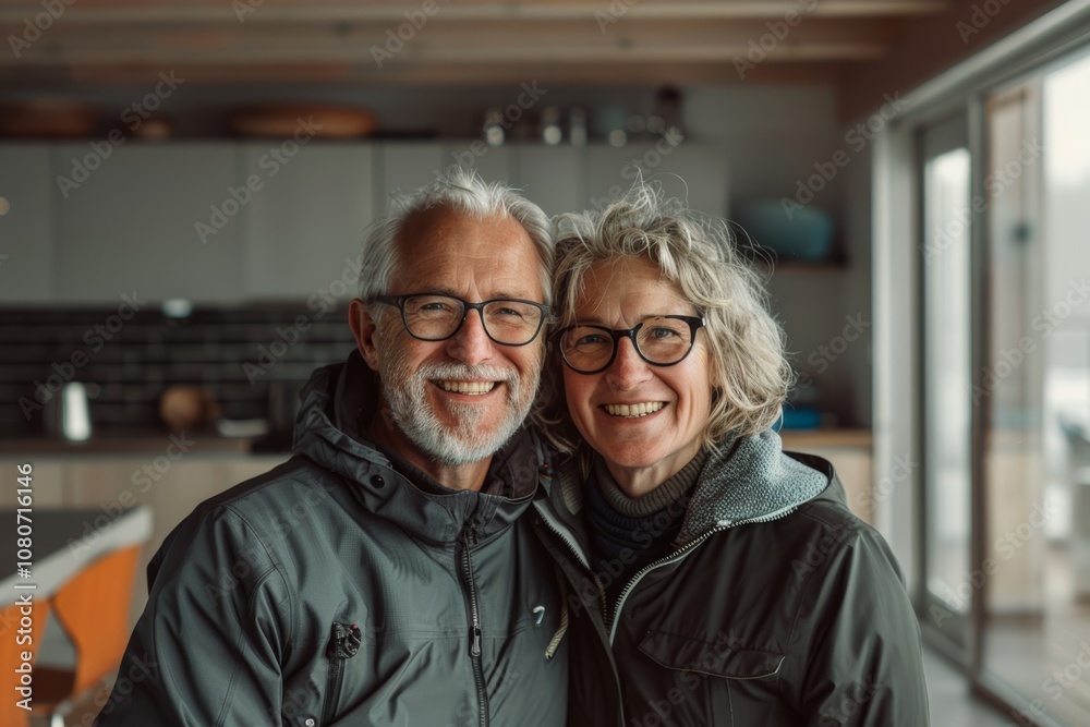 Portrait of a jovial caucasian couple in their 50s wearing a windproof softshell in front of modern minimalist interior Portrait of a jovial caucasian couple in their 50s wearing a windproof softshell in front of modern minimalist interior