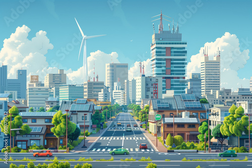 Illustration of modern city that use renewable energy