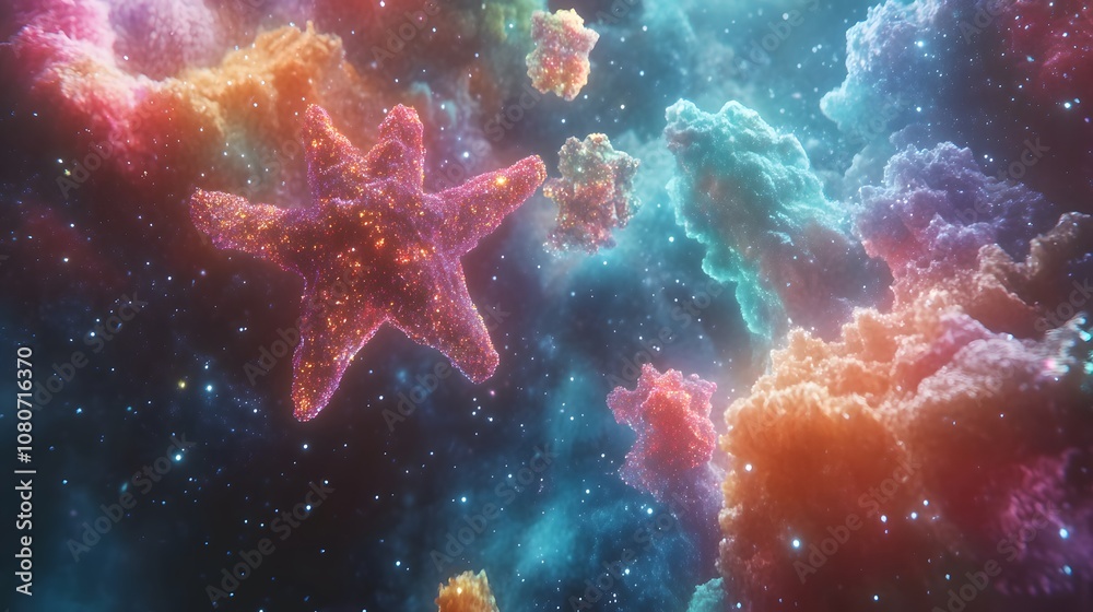 A vibrant digital art piece featuring multi-colored stars with textured edges, layered over a galaxy background filled with subtle clouds and nebulae. Cinematic Scene, 4k resolution, cinematic scene A vibrant digital art piece featuring multi-colored stars with textured edges, layered over a galaxy background filled with subtle clouds and nebulae. Cinematic Scene, 4k resolution, cinematic scene