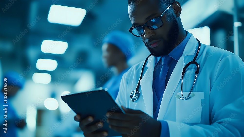 A professional doctor using a tablet in a modern medical facility, focused and engaged in digital healthcare. A professional doctor using a tablet in a modern medical facility, focused and engaged in digital healthcare.