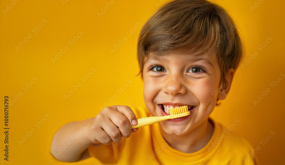 Cute child brushing teeth on yellow background, closeup.. Cute child brushing teeth on yellow background, closeup..