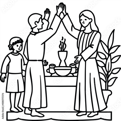 Family Celebrating at Altar silhouette vector illustration on White Background.