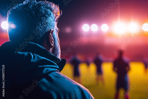 Soccer coach on the sidelines watching the game intently under bright stadium lights, with blurred players on the field creating a tense and focused atmosphere