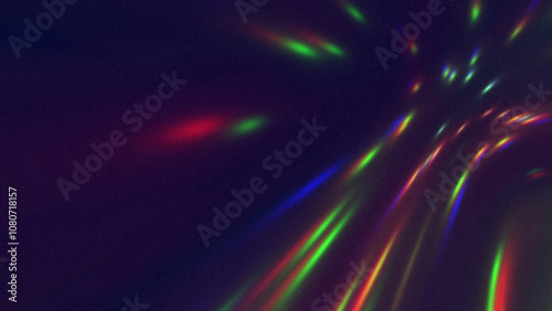 Abstract rainbow colorful light lines bokeh on dark blue background. Glowing acid green, scarlet red, bright blue particles burst. Energy high speed flow. Motion blur lights. Cyberspace, digital tech