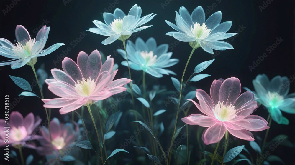 Fototapeta premium A 3D render of flowers made entirely from digital light, with petals that shift and glow in soft blues, pinks, and greens. The flowers should appear ethereal and translucent, standing against a dark 