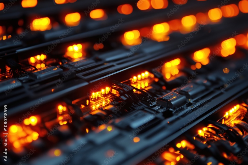 Glowing circuit boards with orange lights, intricate electronic components, close-up view, technology, data processing