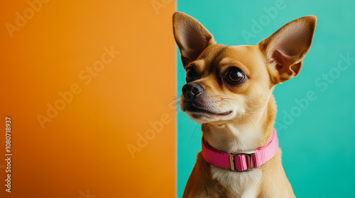 Charming Chihuahua posing in a brightly colored room with orange and teal walls and a stylish collar