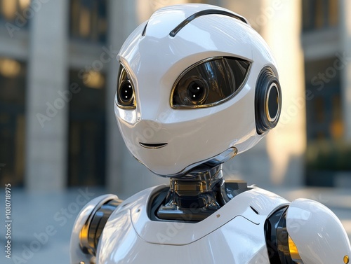 Friendly white robot with black eyes and a smile looking at the camera. photo