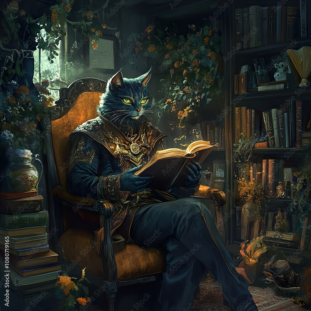 Anthropomorphic Cat Reading a Glowing Book in a Library Anthropomorphic Cat Reading a Glowing Book in a Library