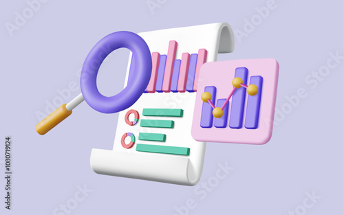 3d vector illustration of Clipboard checklist with magnifying and Dashboard and Business report chart, business financial audit, financial research report, SEO optimization. Data analysis concept