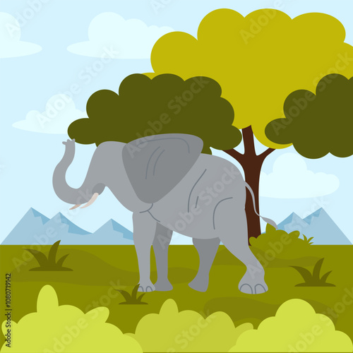 An elephant stands against a backdrop of green trees and distant mountains, with a blue sky overhead.