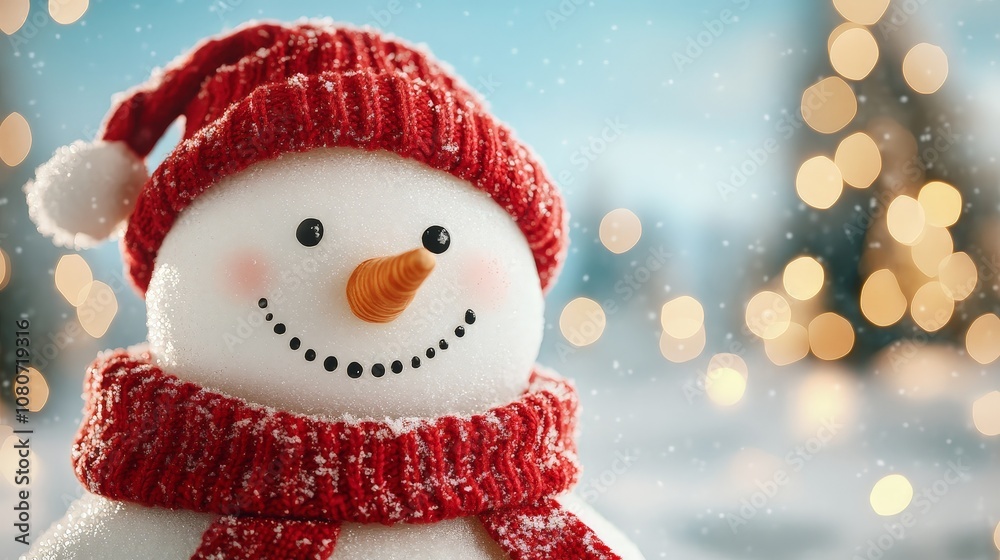 Fototapeta premium Cheerful Snowman with Red Scarf and Hat in Winter Scene