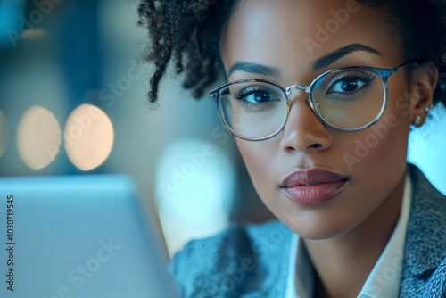 Young blackAfrican American businesswoman using laptop. HR specialist professional working on computer sitting at desk, checking CV interviewing distance applicant, seeker searching job online. photo