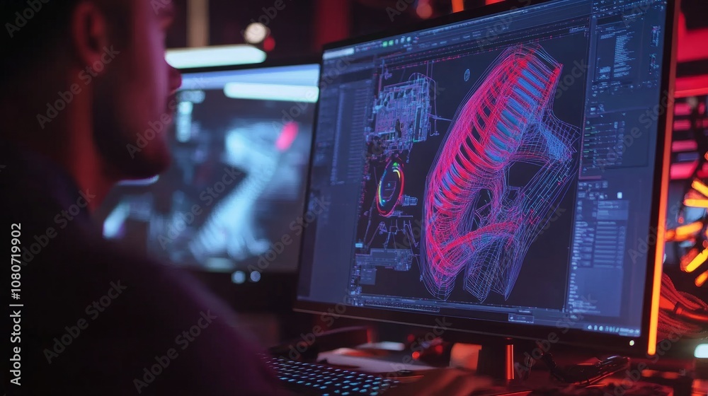 Close-up of a computer screen displaying a complex 3D CAD design, with an engineer adjusting parameters. Close-up of a computer screen displaying a complex 3D CAD design, with an engineer adjusting parameters.