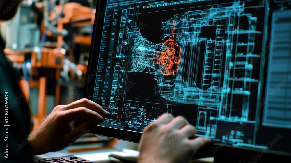 Close-up of a computer screen displaying a complex 3D CAD design, with an engineer adjusting parameters. Close-up of a computer screen displaying a complex 3D CAD design, with an engineer adjusting parameters.